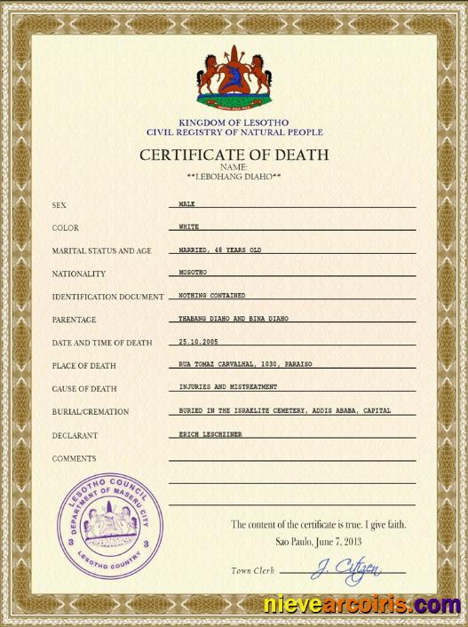 Lesotho vital record death certificate